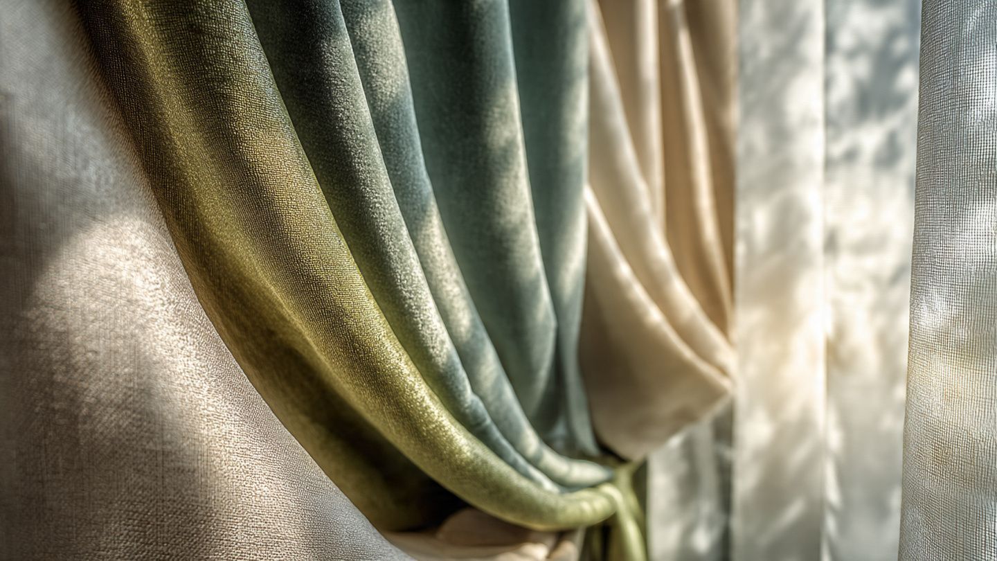 Close-up of soft draped curtains in beige, green, and cream with sunlight filtering through
