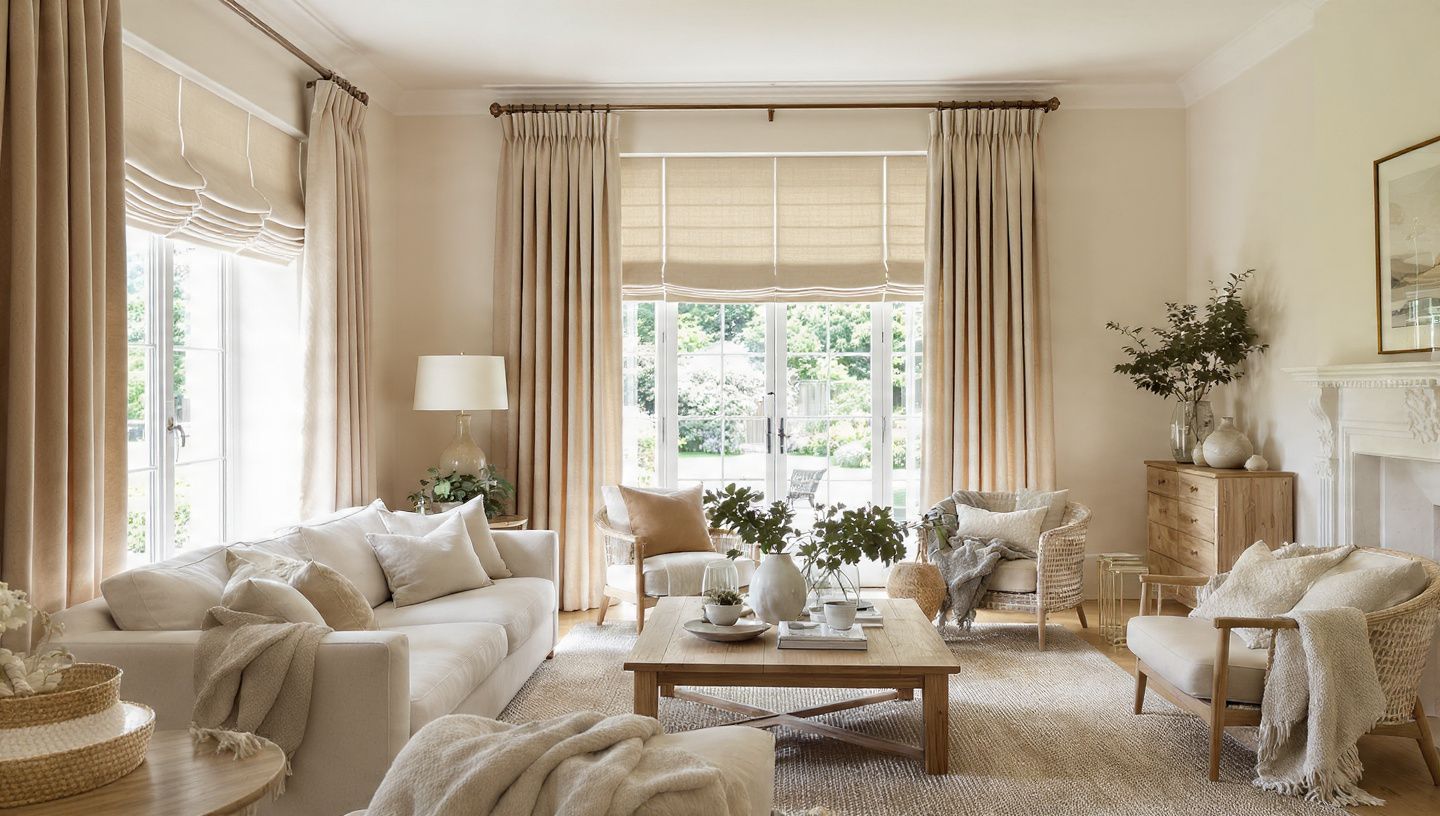 Bright neutral living room with beige sofas, a coffee table, and large windows with curtains.