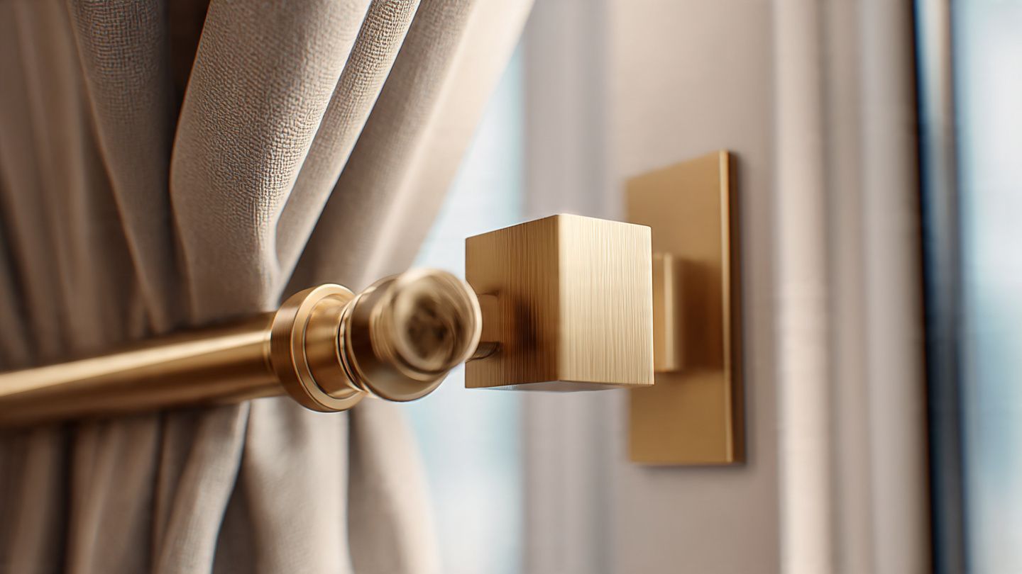 Brass curtain rod mounted on a beige wall beside a gray drape
