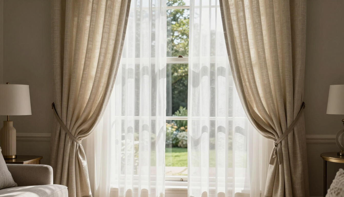 Elegant living room with beige curtains framing a bright window and garden view