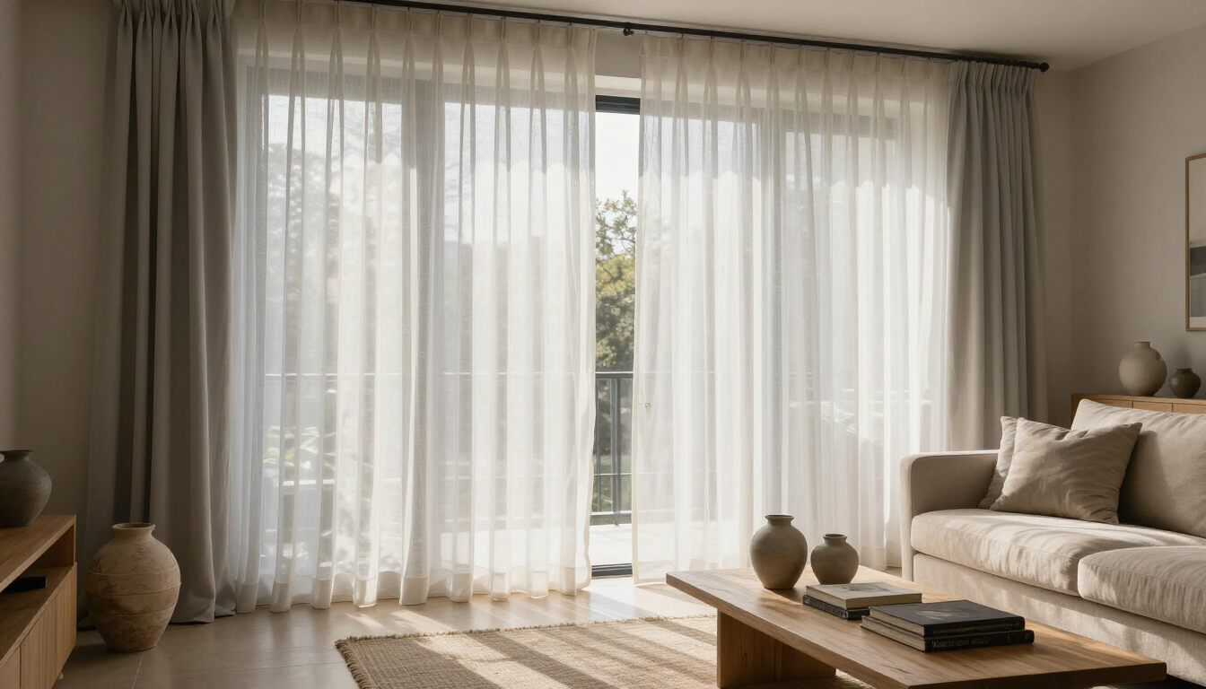 Bright living room with sheer curtains, beige sofa, and wooden coffee table near a sunlit window.