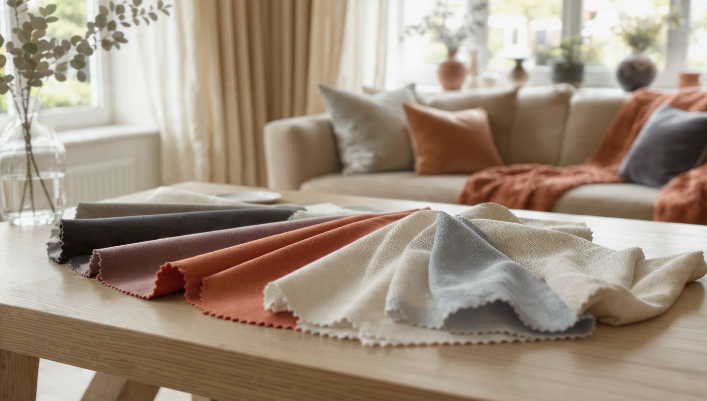 Fabric swatches in neutral and warm tones arranged on a wooden table in a bright living room
