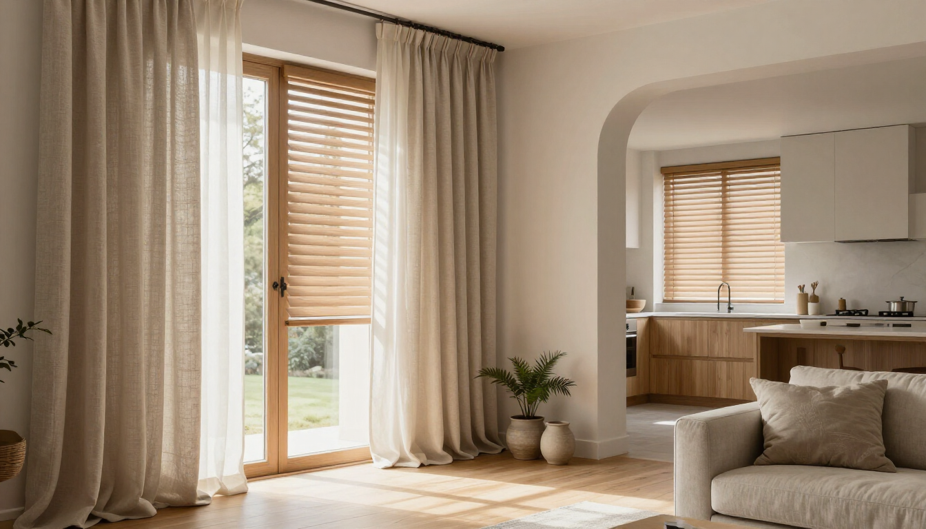 Bright living room with large windows, beige curtains, wood blinds, and a small kitchen nook