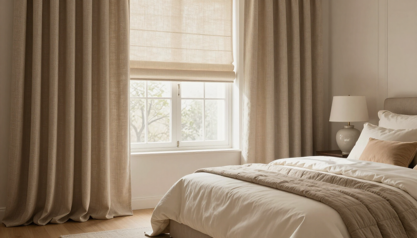 Cozy bedroom with beige curtains, window light, and a neatly made bed with white bedding