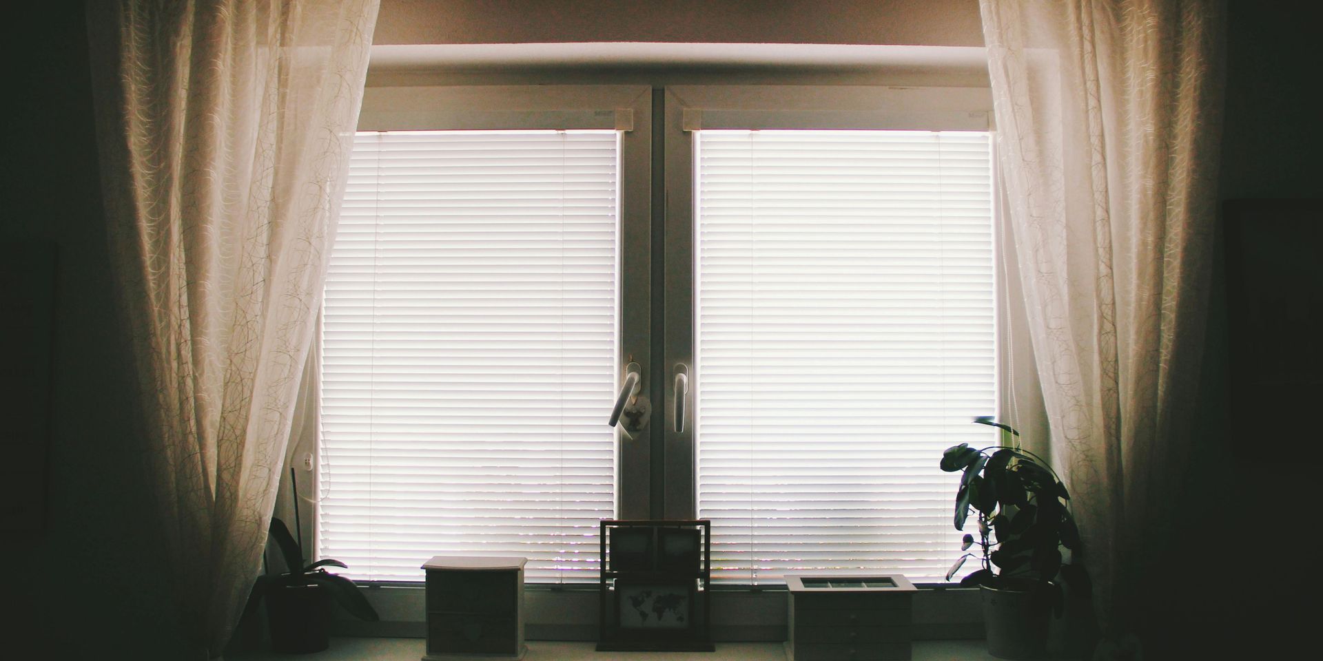 Window with closed blinds, sheer curtains, and a plant on the windowsill.