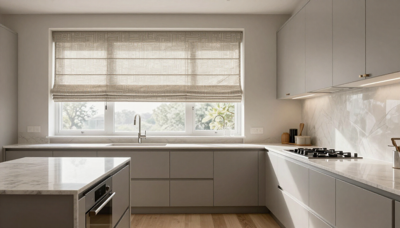 Bright modern kitchen with white cabinets, island, sink, and large window with blinds.