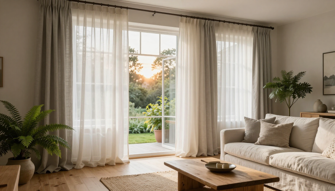 Bright living room with beige sofa, wooden coffee table, potted plants, and open curtains framing a garden view