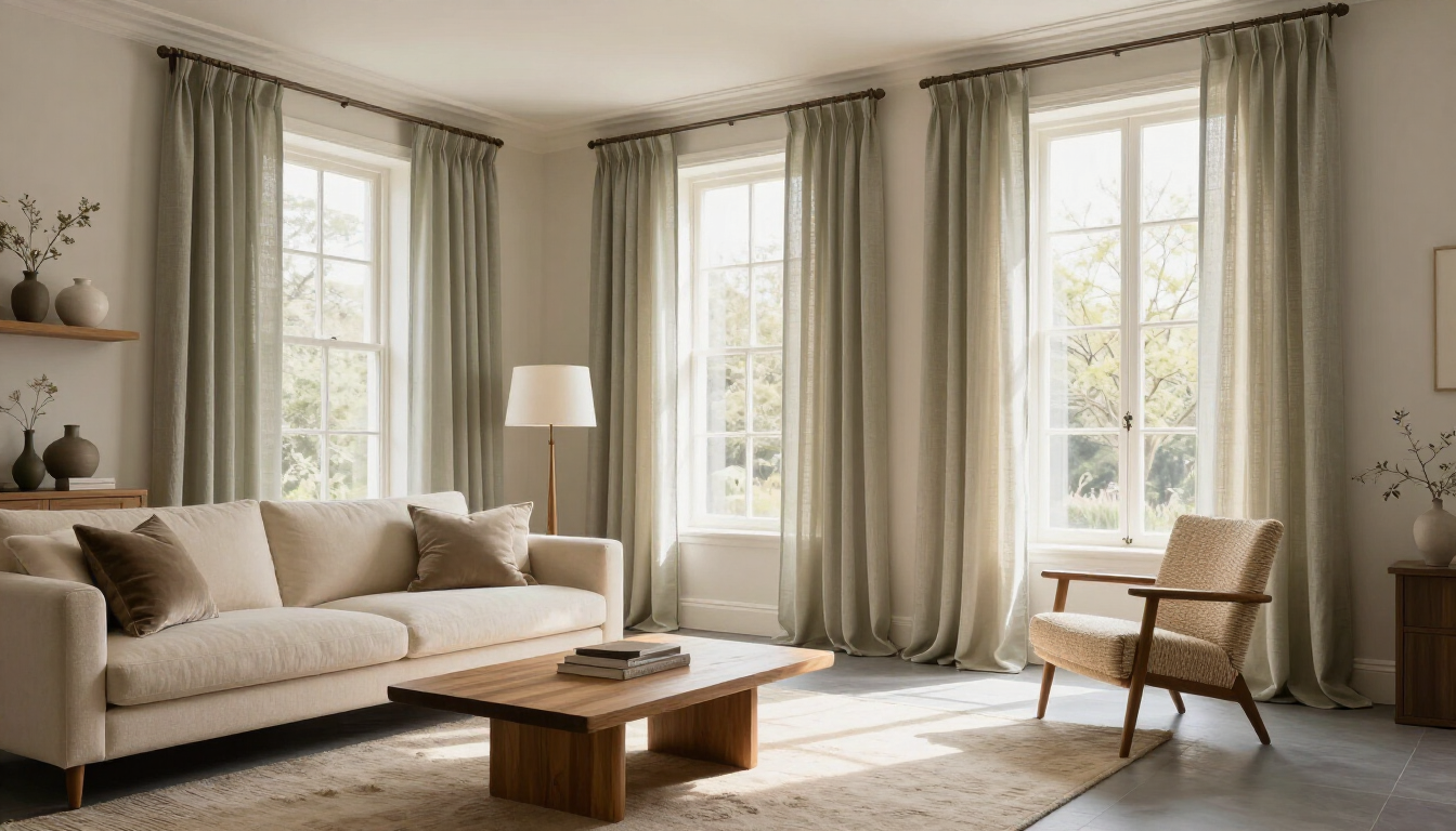Bright living room with a beige sofa, wooden coffee table, large windows, and a chair by the wall.