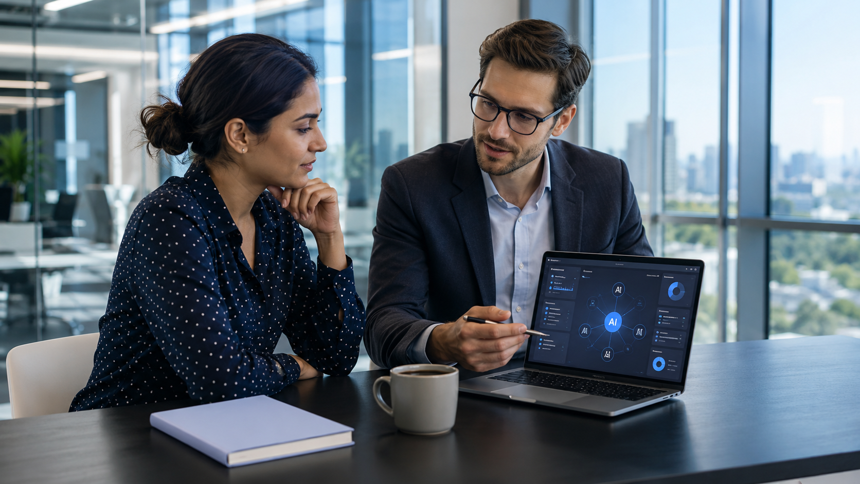 Two coworkers discuss a laptop presentation at a conference table in a glass office.
