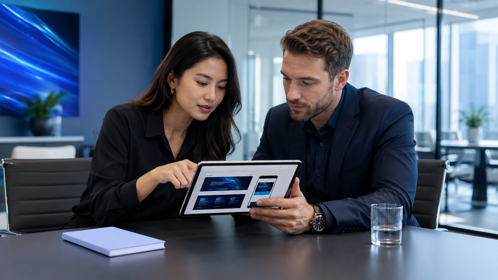 Two colleagues reviewing a tablet at a conference table in a modern office