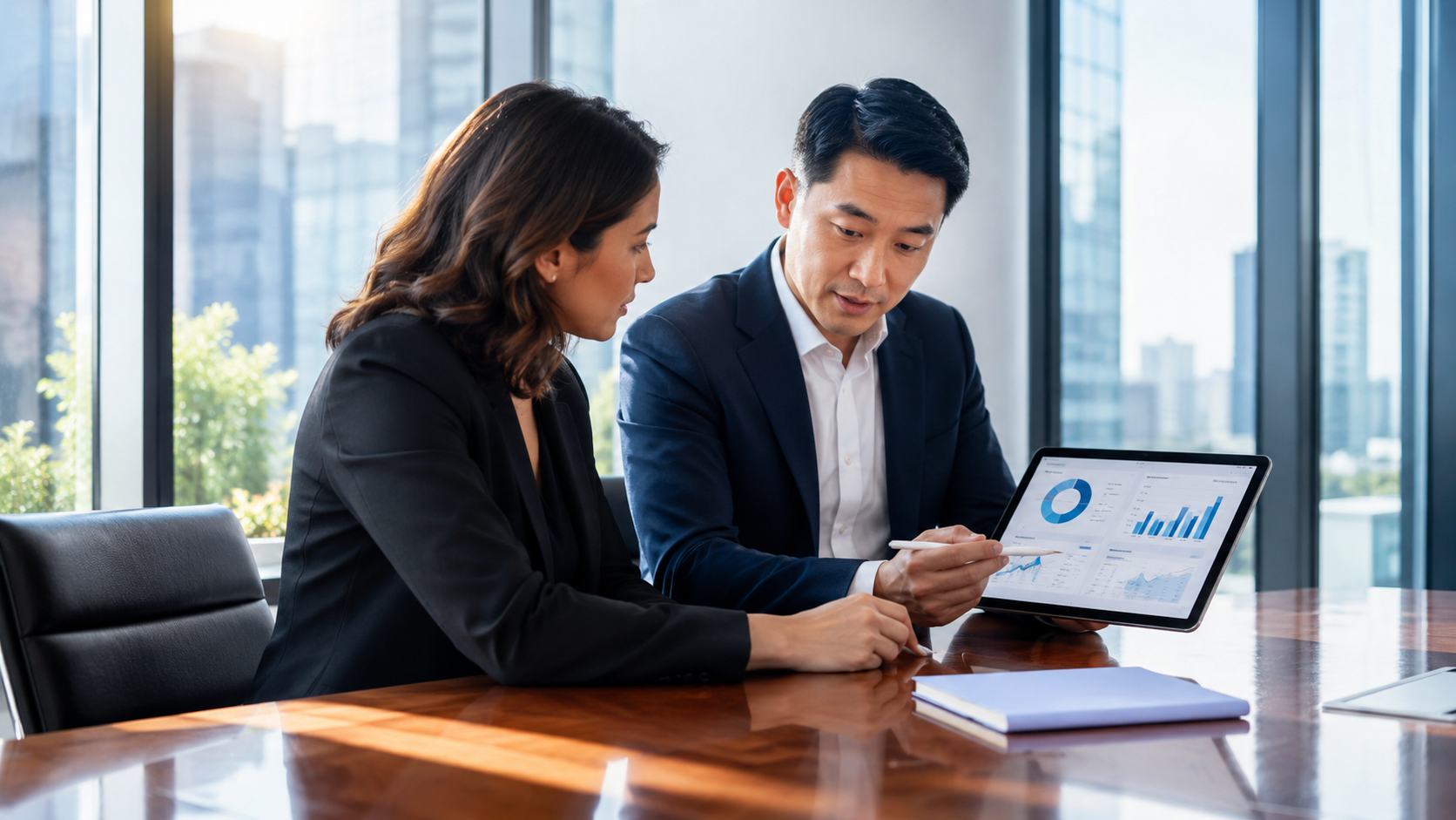 Two colleagues review a report on a laptop in a bright office with city views.