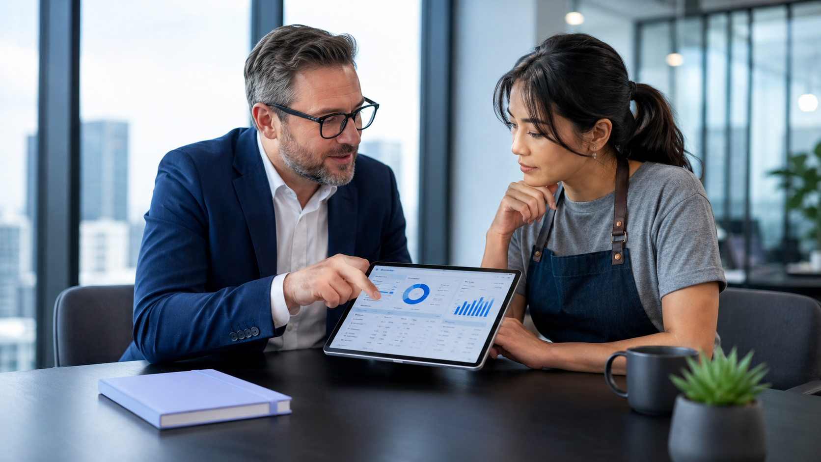 Two coworkers discussing a tablet at a desk in a modern office, with charts on the screen.