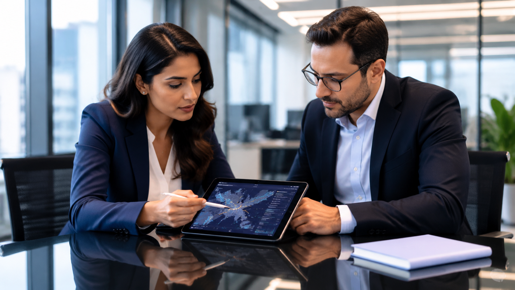 Two coworkers in suits review a tablet together in a modern office.