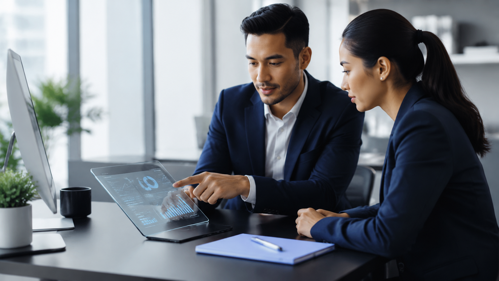 Two coworkers in business attire review data on a laptop in a bright office.
