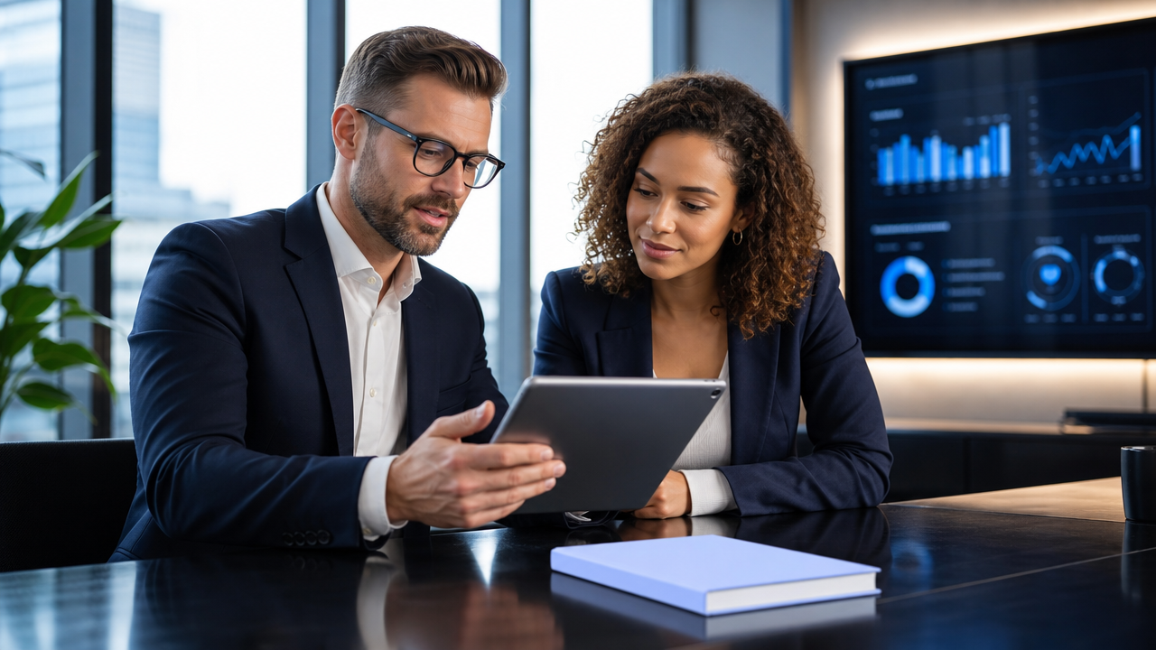 Two professionals reviewing a tablet in a modern office with charts on a screen in the background