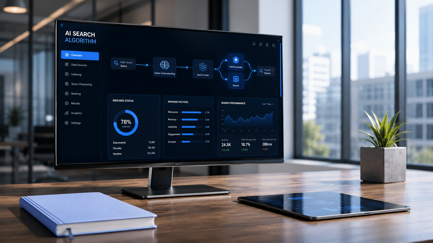 Modern desk setup with a large monitor showing a dark analytics dashboard by a window.