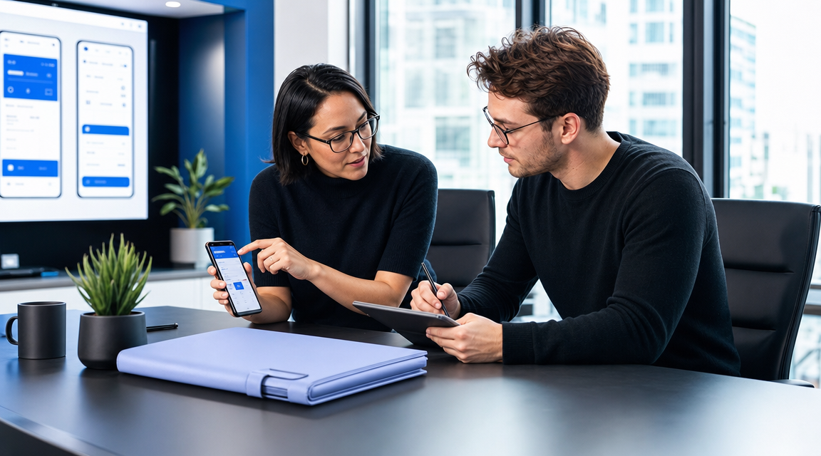 Two coworkers discussing a smartphone at a desk with notebooks and a laptop in a modern office
