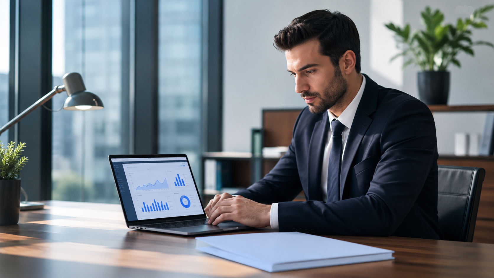 Businessman working at a desk with a laptop showing charts in a bright office