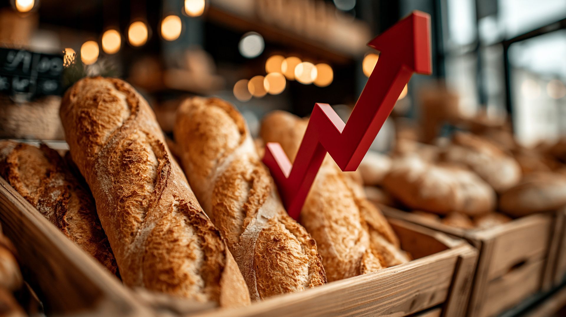 Fresh baguettes from a wholesale bread supplier with an arrow showing growing demand. Fresh baguettes from a wholesale bread supplier with an arrow showing growing demand.