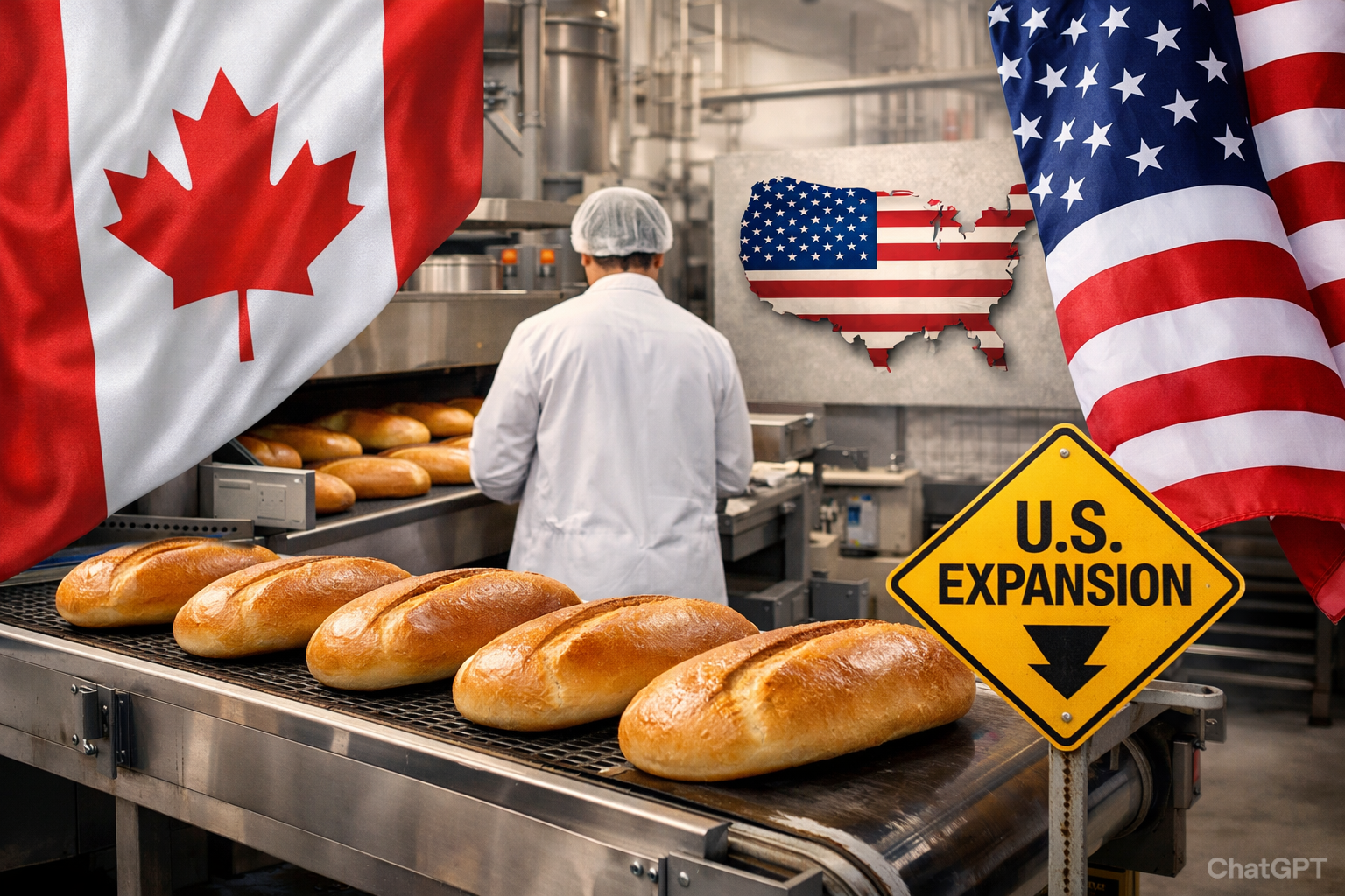 A baker in a factory with Canadian and U.S. flags, and a yellow sign pointing down labeled