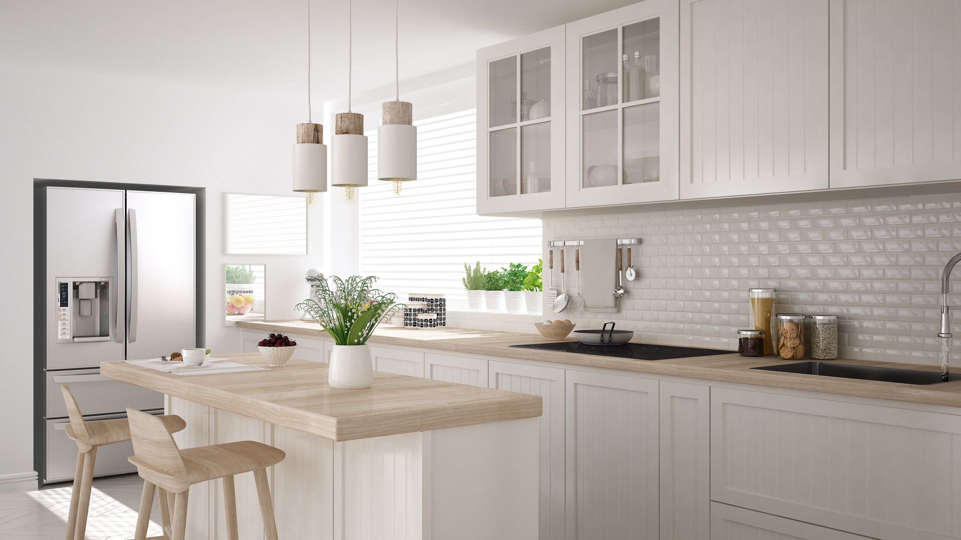 A bright, modern kitchen featuring white cabinets, a light wood island with two stools, and a stainless steel refrigerator. A bright, modern kitchen featuring white cabinets, a light wood island with two stools, and a stainless steel refrigerator.