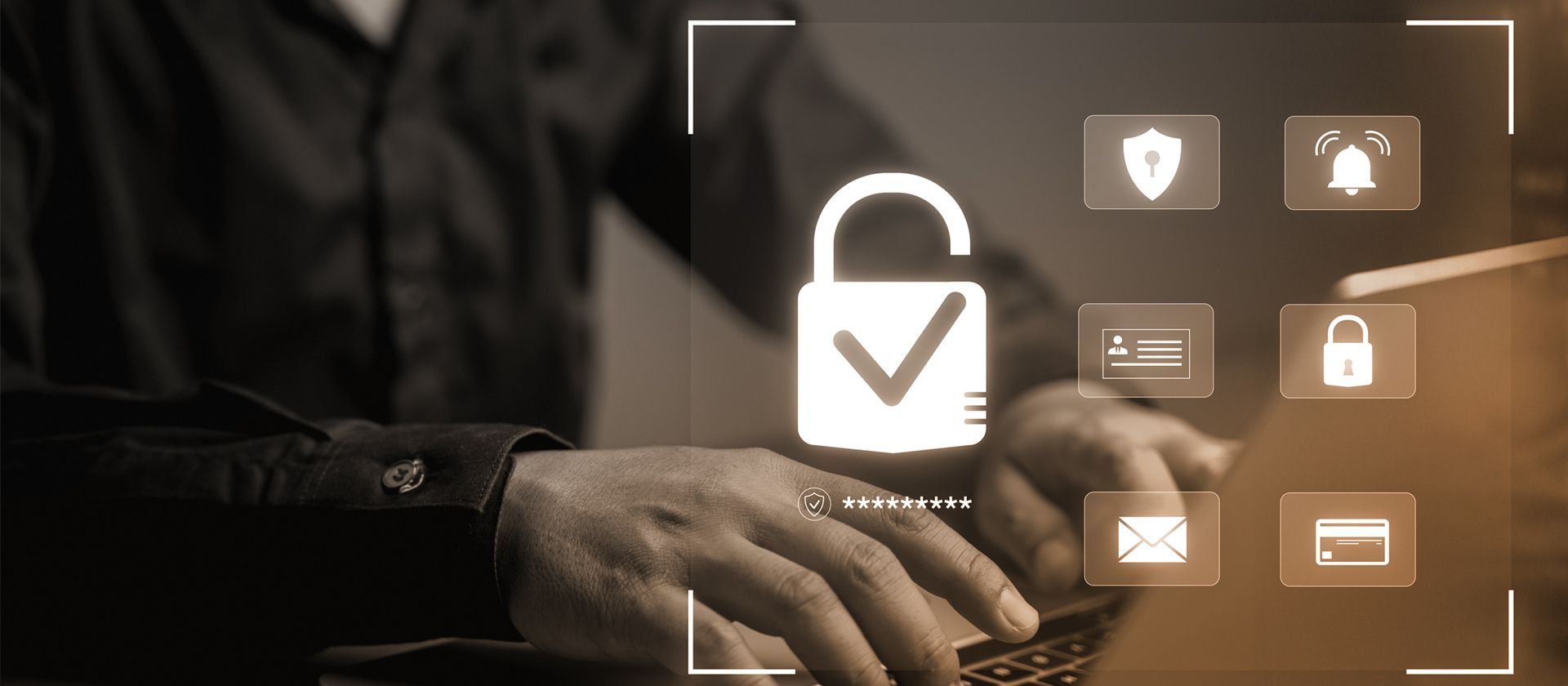 Hand using laptop with padlock and security icons overlay, symbolizing online privacy protection