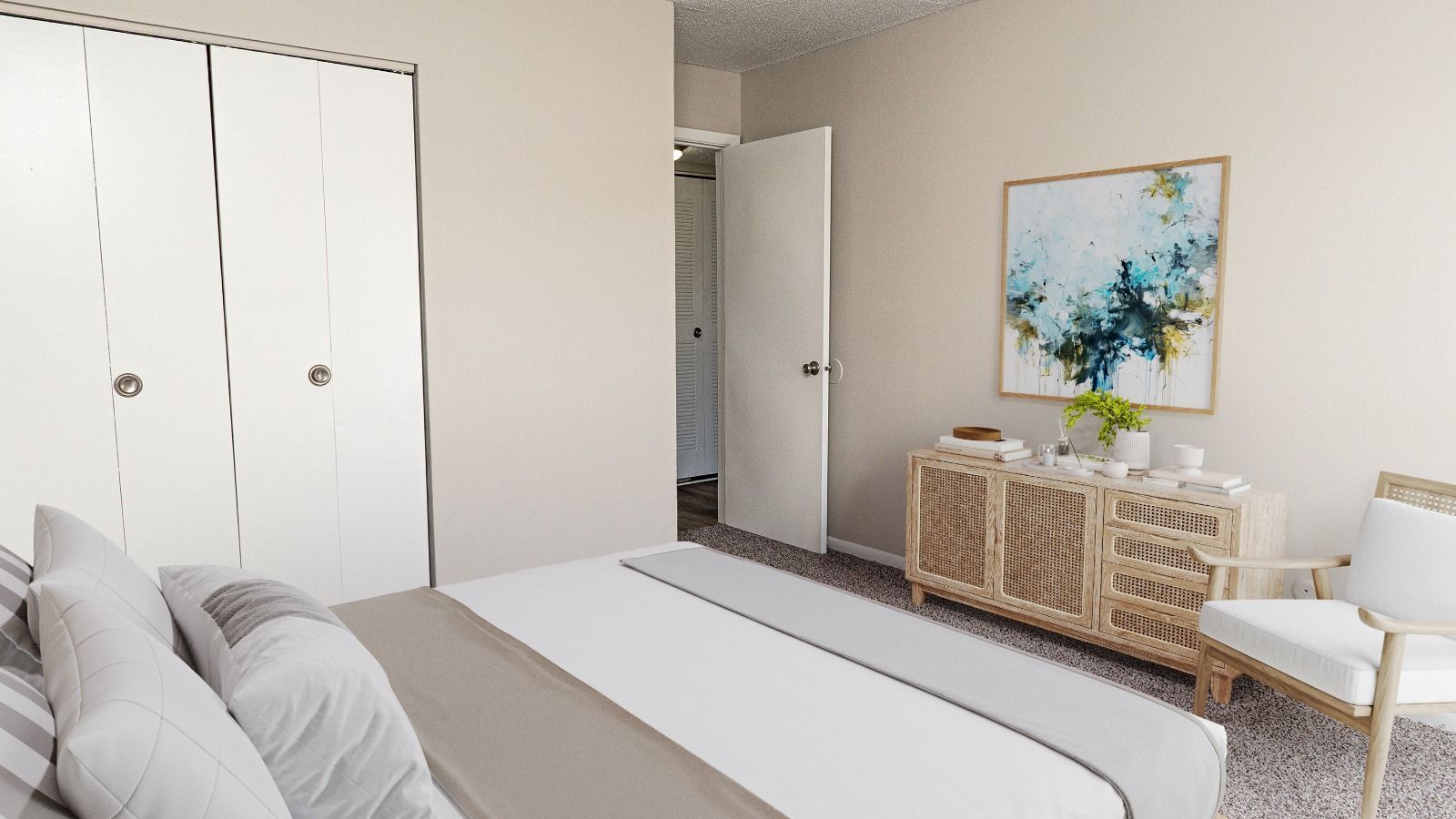 bedroom with bed and chair and draws and cabinet