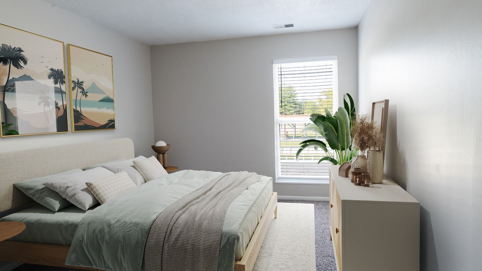 bedroom with rug and bed and dresser