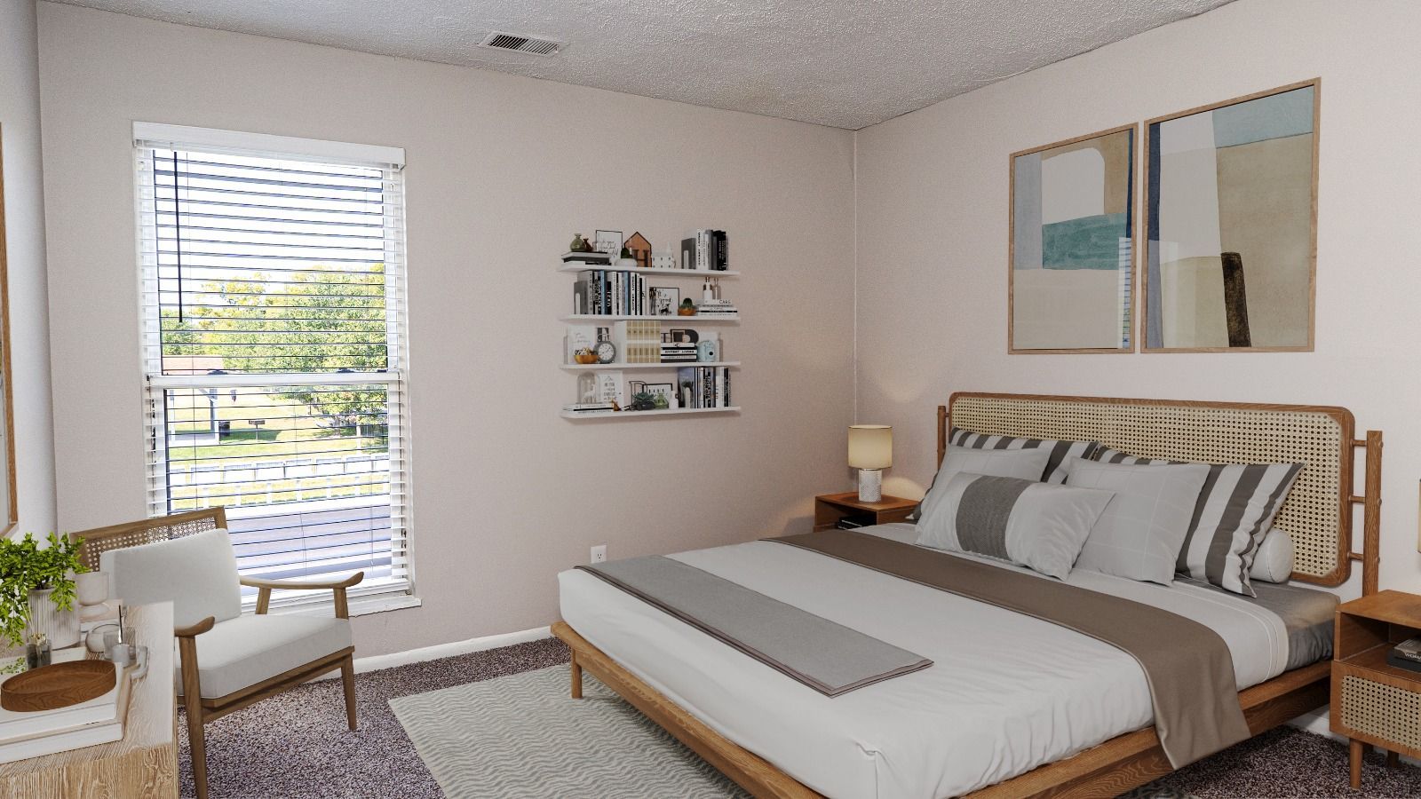 bedroom with bed and chair and rug