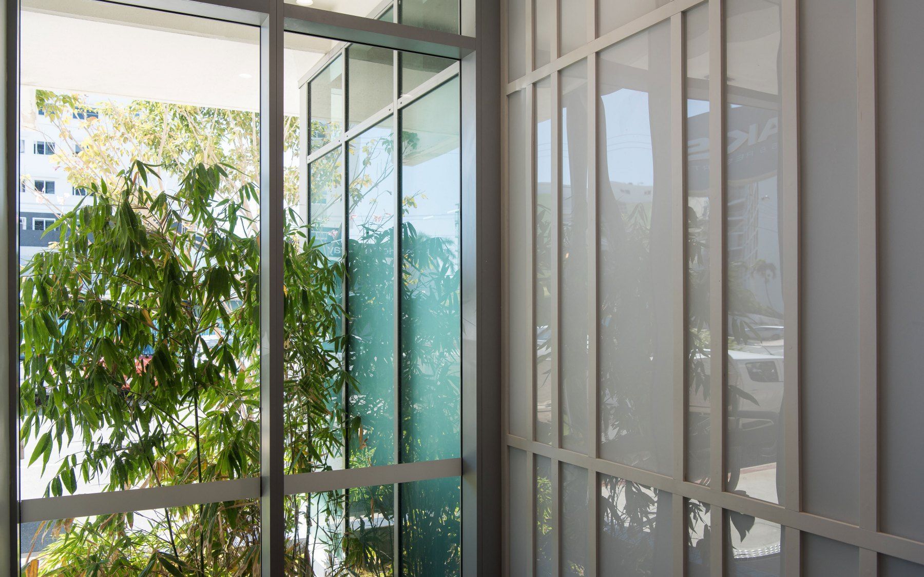 A View of Green Foliage Framed by an Open Window and Glass Wall With Light-colored Vertical Slats — BOLD Architecture + Interior Design In Mackay, QLD