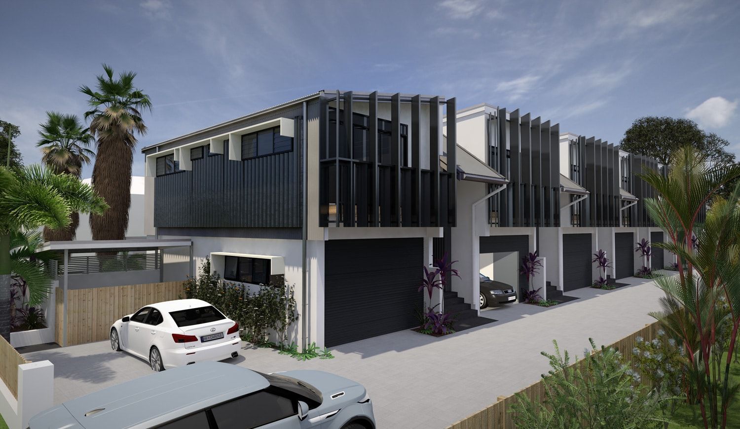 Modern Row Houses With Black Accents, White Walls, and Cars Parked in Driveways — BOLD Architecture + Interior Design In Mackay, QLD