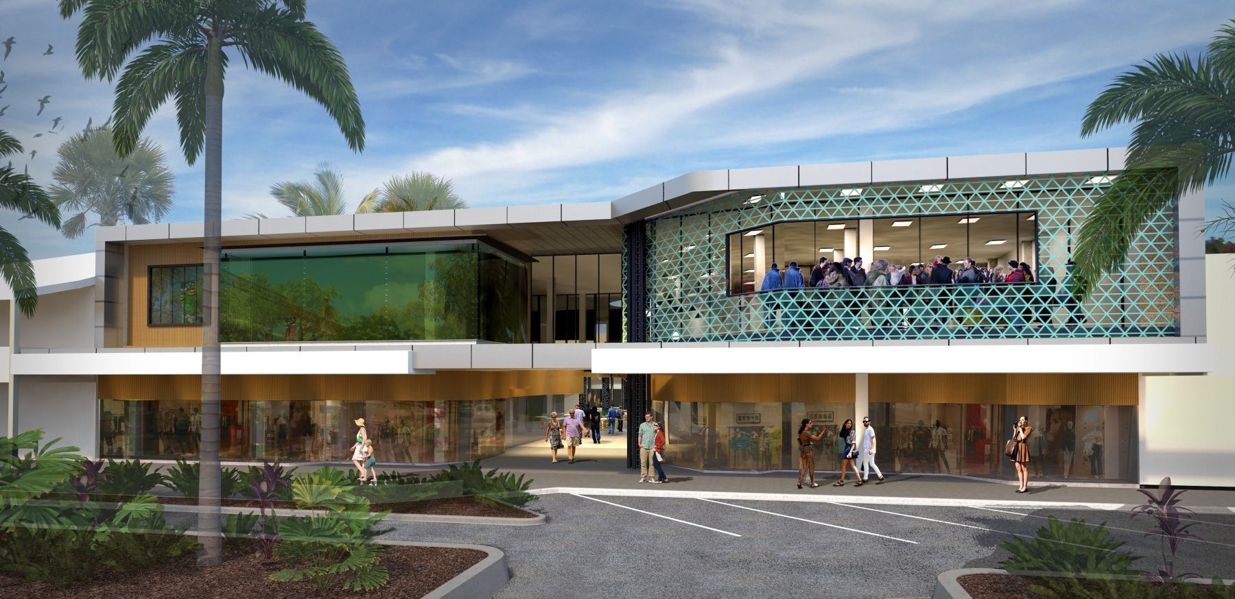 Modern Commercial Building With Shops on the Ground Floor, a Gathering on the Second Floor, and Palm Trees — BOLD Architecture + Interior Design In Mackay, QLD