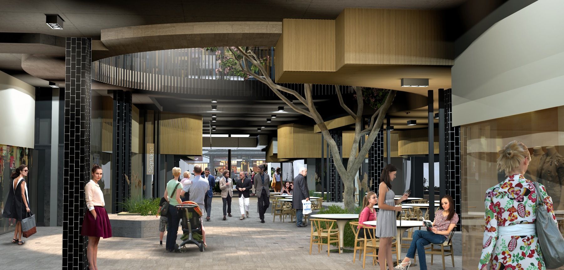 An Interior of a Mall. People Are Walking, Some Are Sitting at Tables. Trees and Wooden Decor Are Present — BOLD Architecture + Interior Design In Mackay, QLD