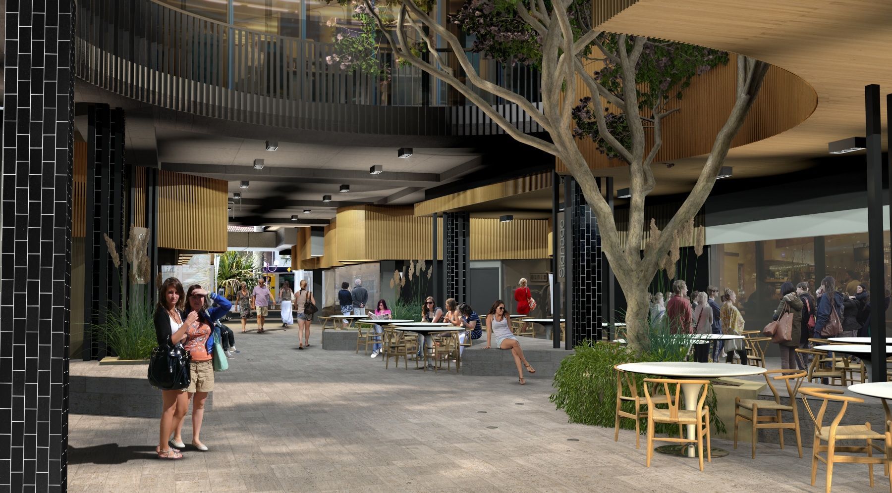 An Open-air Shopping Center With People, Tables, and a Large Tree. Natural Light, and Neutral Tones — BOLD Architecture + Interior Design In Mackay, QLD