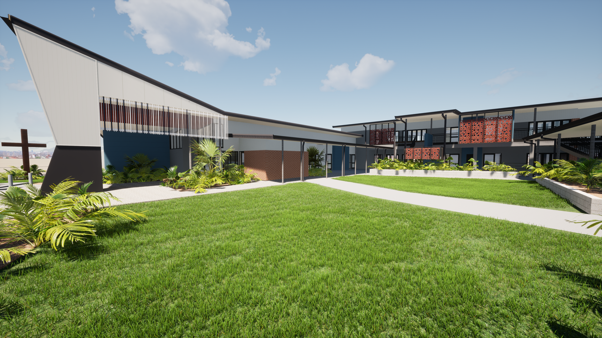 Exterior View of a Modern Building Complex With a Grassy Courtyard — BOLD Architecture + Interior Design In Mackay, QLD