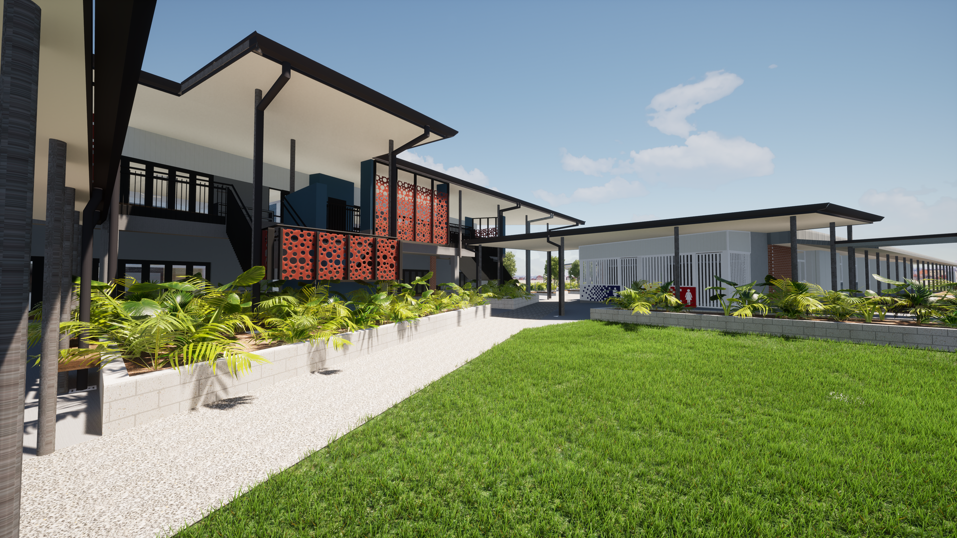 Modern Building With Grass Lawn, Walkway, and Decorative Panels — BOLD Architecture + Interior Design In Mackay, QLD