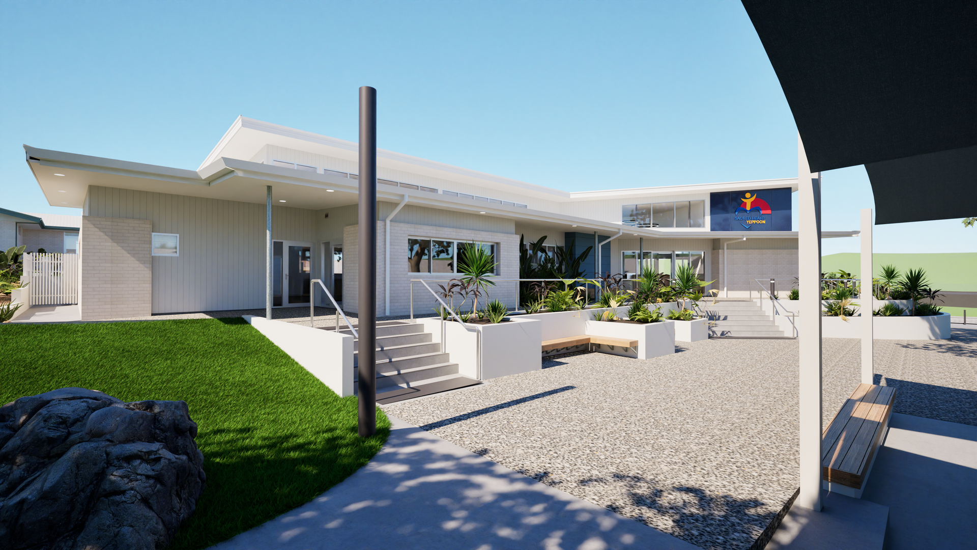 Exterior View of a Modern, Single-story Building With a Light-colored Facade and Pathway — BOLD Architecture + Interior Design In Mackay, QLD