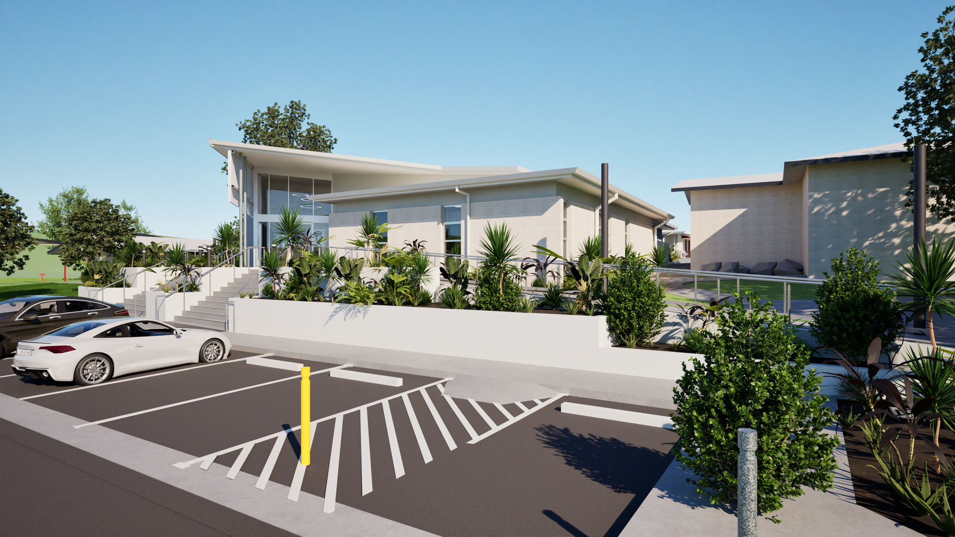 Modern Building With Curved Roof, Glass Facade, and Parking Area — BOLD Architecture + Interior Design In Mackay, QLD