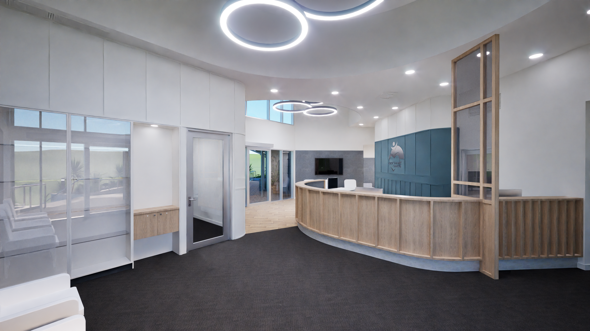 Modern Office Reception Area With Curved Wooden Counter — BOLD Architecture + Interior Design In Mackay, QLD