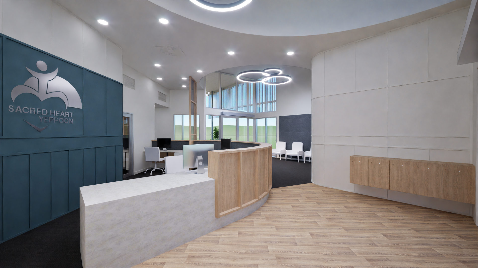 Modern Office Reception Area With a Curved Wooden Front Desk — BOLD Architecture + Interior Design In Mackay, QLD
