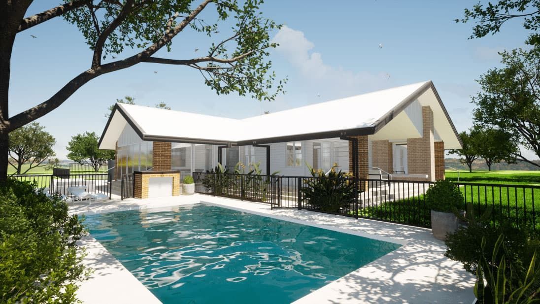 A Pool in Front of A White House with Brown Accents, Surrounded by Green Grass and Trees — BOLD Architecture + Interior Design In Mackay, QLD