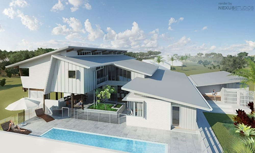 Modern White House with Pool, Patio, and Landscaping Under a Blue Sky — BOLD Architecture + Interior Design In Mackay, QLD