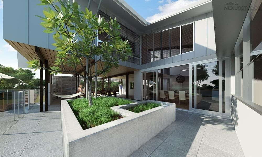 Modern Home Exterior with Patio, Garden, and Large Windows; Sunny Day — BOLD Architecture + Interior Design In Mackay, QLD