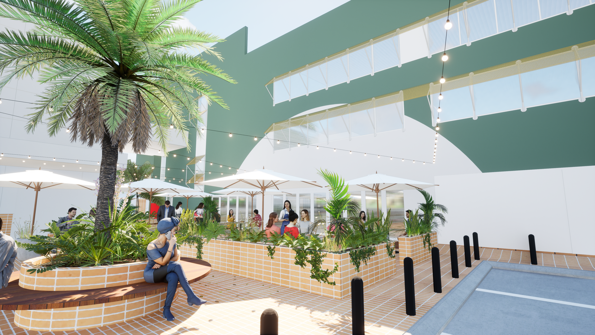 Outdoor Restaurant With Palm Tree, Umbrellas, and Diners — BOLD Architecture + Interior Design In Mackay, QLD