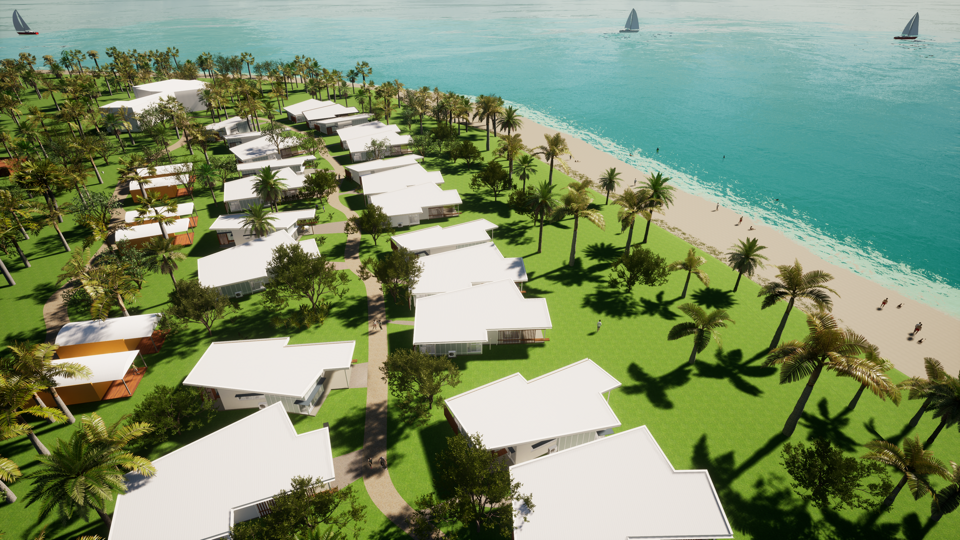 Aerial View of Resort Buildings Along a Beach With Palm Trees and Sailboats in the Ocean — BOLD Architecture + Interior Design In Mackay, QLD