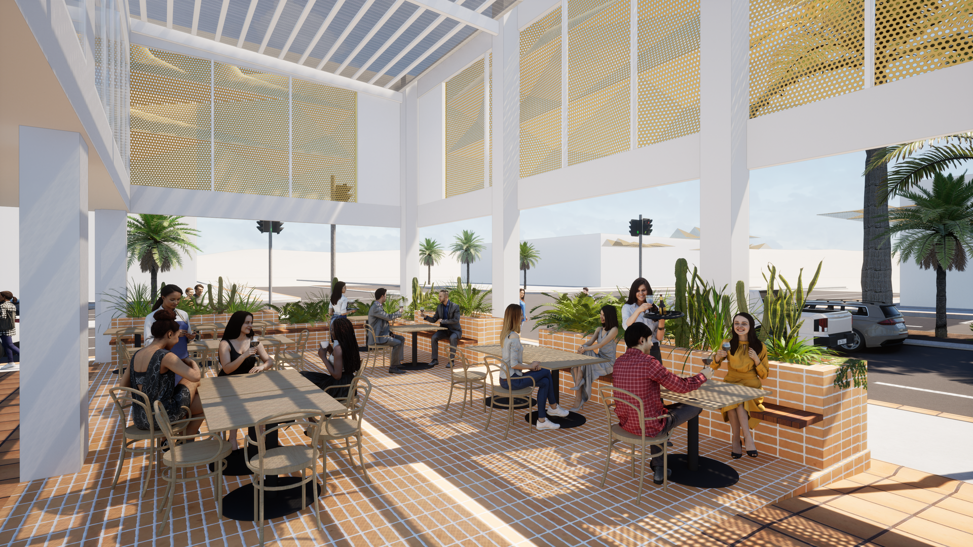 Cafe Interior With People Seated at Tables, Brick Floor and Large Windows — BOLD Architecture + Interior Design In Mackay, QLD