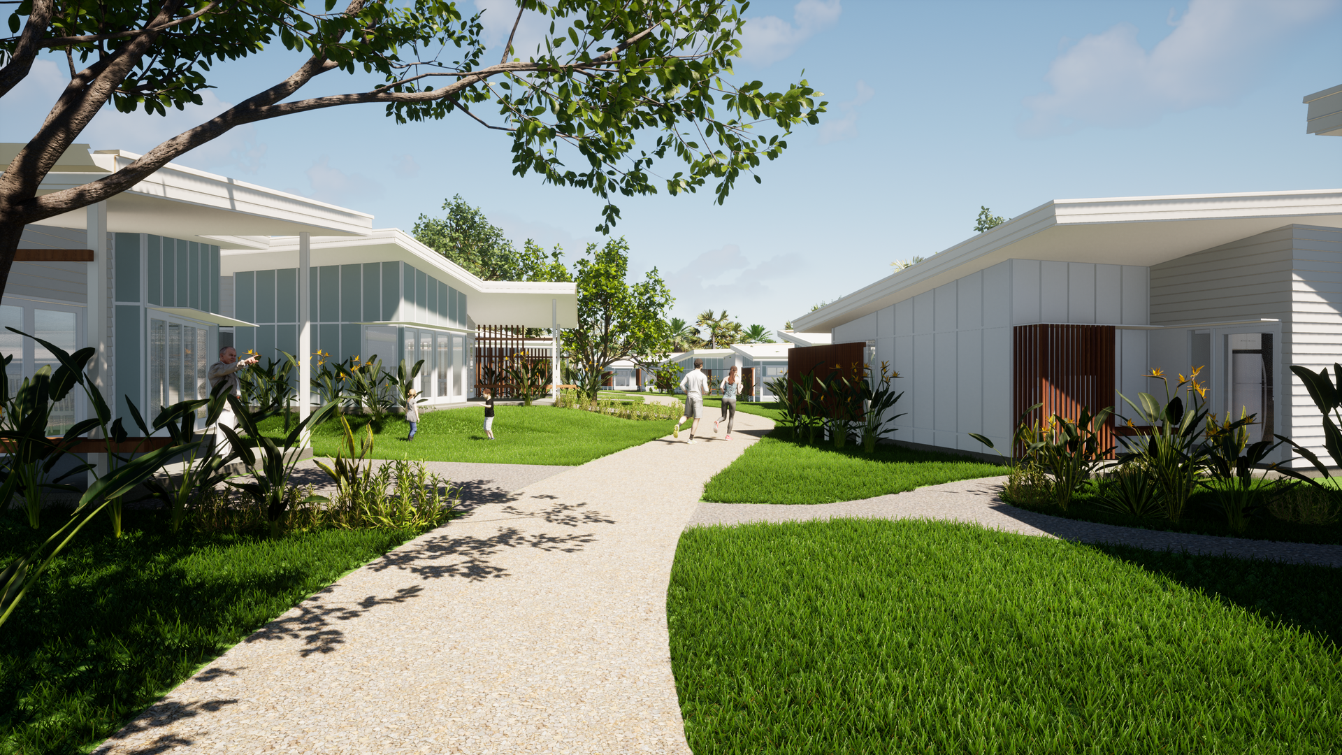 Exterior View of a Senior Living Facility With Pathways, Grass, and White Buildings — BOLD Architecture + Interior Design In Mackay, QLD