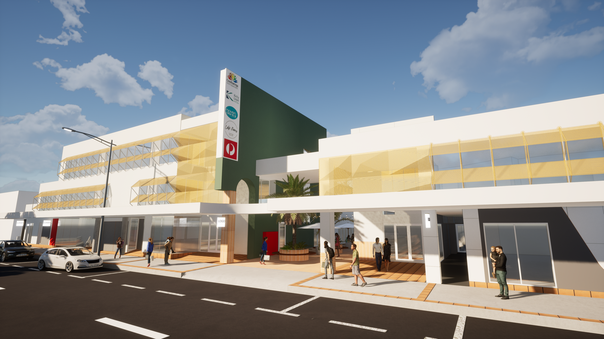Rendering of a Commercial Building With Shops, Pedestrians, and Cars — BOLD Architecture + Interior Design In Mackay, QLD