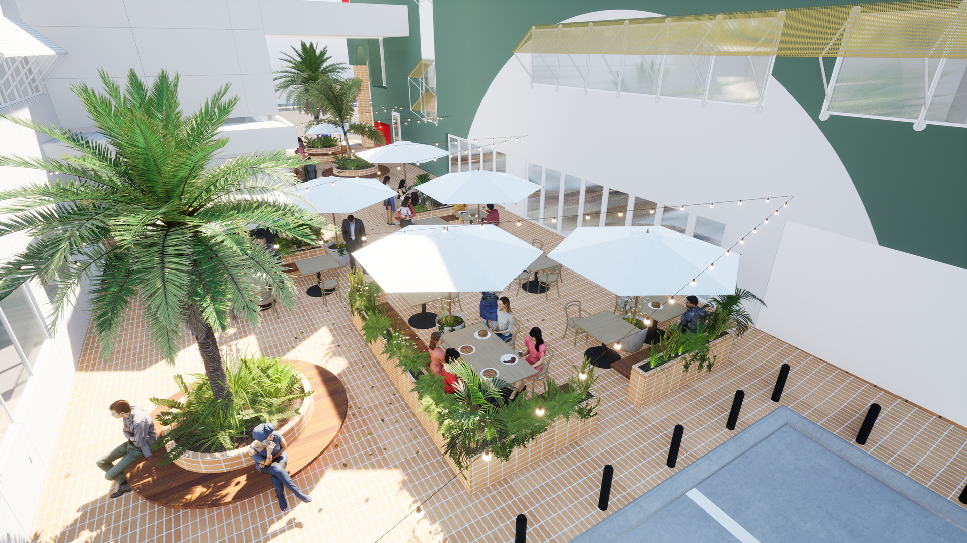 Outdoor Cafe With White Umbrellas, Tables, and People Dining — BOLD Architecture + Interior Design In Mackay, QLD