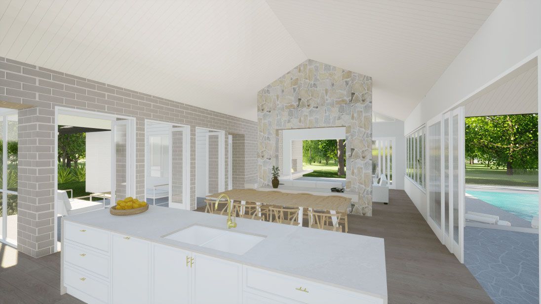 Modern Kitchen with A Large Island, Long Dining Table And Stone Wall — BOLD Architecture + Interior Design In Mackay, QLD